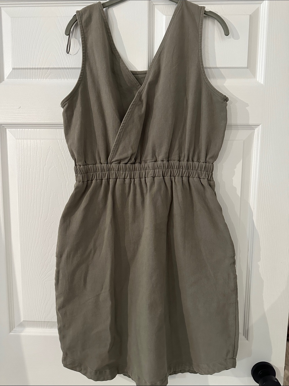 Sleeveless Denim Drawstring-Waist Mini Dress in Olive - Picture 6 of 6